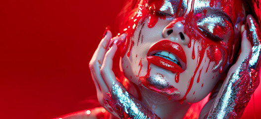 Wall Mural - A woman with red paint on her face, silver paint on her hands. She is wearing red lipstick and has a red face. Vivid red makeup splatters glossy lips, metallic skin, and dripping nails on beauty model