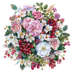 Canvas Print - bouquet rotondo stile acquerello  di violette bianche, rose rosa, bacche rosse e fiori di camomilla e ortensie giapponesi verdi, disegno floreale per matrimonio, png