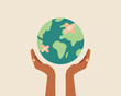 Black skin hands holding globe, earth with band aid. Earth day concept. Earth day vector illustration for poster, banner,print,web. Saving the planet,environment.Modern cartoon flat style illustration