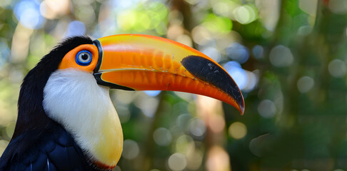Wall Mural - A colorful bird with a long beak is looking at the camera. The bird is yellow and black with a blue eye. Portrait of a tropical toucan bird