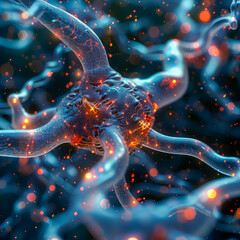 Poster - A close up of a brain with a blue and orange color scheme. The image is abstract and surreal, with a focus on the intricate details of the brain. The colors and shapes create a sense of depth