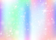 Hologram background with rainbow mesh. Mystical universe banner in princess colors. Fantasy gradient backdrop. Hologram unicorn background with fairy sparkles, stars and blurs.