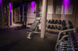Modern gym in Zermatt, Switzerland within a luxury hotel. Equipped with dumbbells, workout bench, and cable machine. Purple lighting and natural stone design create a welcoming atmosphere.