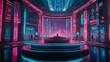 Futuristic cyberpunk city scene with a holographic podium, providing a vibrant and high-tech setting for showcasing products amidst neon lights and futuristic architecture.
