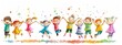 © SKIMP Art - Cute cartoon children's drawing of many happy kids holding hands and jumping, white background, colorful , simple hand drawn style Generative AI
