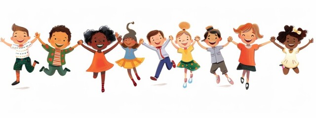 Wall Mural - A group of children holding hands and smiling as they jump, with smiling faces of different ethnicities and in colorful , in a clip art style with a white background Generative AI