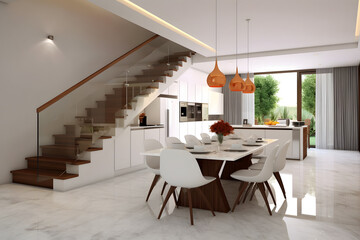 Wall Mural - interiors shots of a modern kitchen in the foreground dining table and the forehrounf the masonry staircase.