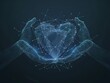 human hands holding or giving heart symbol in dark blue. Charity, volunteering, and social care concepts. Digital low-poly mesh wireframe with connected dots, lines, stars and shapes