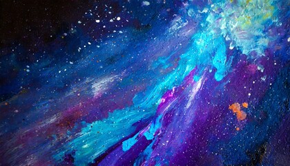 a dark background with splashes of neon blue and purple oil paints, resembling a cosmic scene, with 
