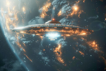 Wall Mural - a ufo flying in the earth's atmosphere. unidentified flying object concept.