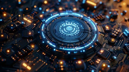 a blue computer circuit background blending circular abstraction with elements of mechanical realism and scientific diagrams to create a visually stunning backdrop