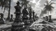 Forgotten battlefield, chess tactics, distant perspective, poetic, black and gray retro, fill color in black and white, slightly blurry, sharpened focus