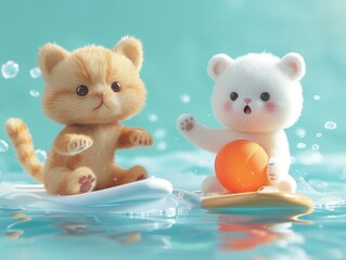 Simple yet cute design of a white bear and brown cat on surfboards in a swimming pool, playing with a big ball, clear blue water, 3D cartoon render, light blue background