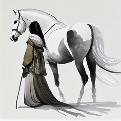 white black style girl and horse