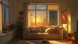 Interior on Beige tone Walls, with a sofa, at twilight, sunset from the left window 