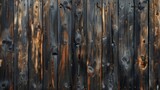 Fototapeta  - Burnt wood planks with varying degrees of charring form a dark, intriguing surface, reflecting the unique aesthetic of the Shou Sugi Ban technique.