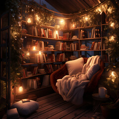 Sticker - A cozy reading nook with warm lighting.