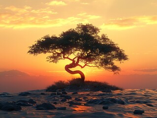 Black silhouette of a tree on gold sunset, horizon view, stark contrast