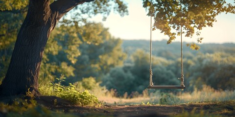 Poster - Wooden Swing Gently Swaying Beneath Majestic Oak Tree in Serene Autumn Woodland Landscape with Dappled Sunlight