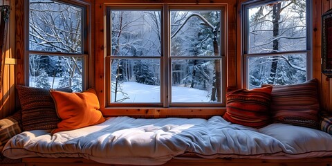 Canvas Print - Cozy Window Seat with Snow Covered Tree View Inviting for Reading and Relaxation