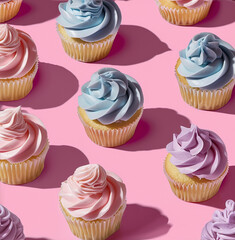 Wall Mural - Cupcakes with pink, blue and purple cream	