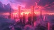 Cybernetic city skyline at dusk, neon outlines, ultra-modern, skyward view