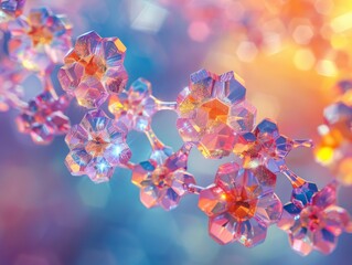 Crystal lattice structure, microscopic view, vibrant colors, scientific wonder