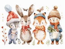 Explore The Whimsical World Of Watercolor Clipart With Illustrations Of Cute Animals In Costumes And Hats