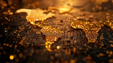 Gold backdrop, jigsaw of global trade routes, dawn lighting, aerial perspective, interconnected economies