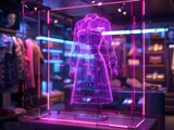 Fototapeta  - Innovative boutique, virtual try-on holograms, warm lighting, close-up, personalized fashion tech