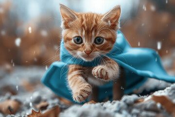 Sticker - A playful kitten dressed in a superhero cape, pouncing through the air with youthful exuberance and curiosity, ready to save the day with boundless energy.  Generative Ai.