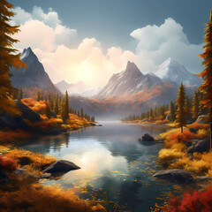 Sticker - A peaceful mountain lake surrounded by autumn foliage