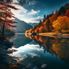 Wall Mural - A peaceful mountain lake surrounded by autumn foliage