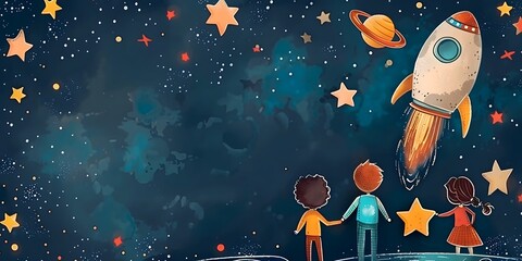 Wall Mural - children learning astronomy at a space academy gazing up at the starry night sky
