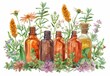 An artistic watercolor illustration of vintage bottles surrounded by various blooming herbal flowers.
