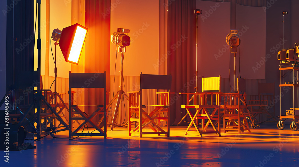 Videostudio Empty Vacant Film Studio: Empty Director's Chairs, Silent Lighting Rig, and ...
