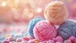 Wool yarn ball assortment, knitting theme, soft pastels, tactile dream