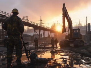 A man in a yellow helmet stands in front of a bridge. A group of men are walking across the bridge. A large construction vehicle is in the background