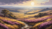 Moorland Vista With Heather And Gorse In Oil Painting Style.