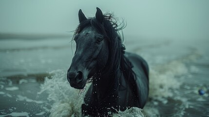 Wall Mural -   A tight shot of a horse submerged in water, head under, waves lapping at its wet mane streaming in the wind