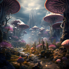 Canvas Print - Alien flora and fauna in an otherworldly landscape