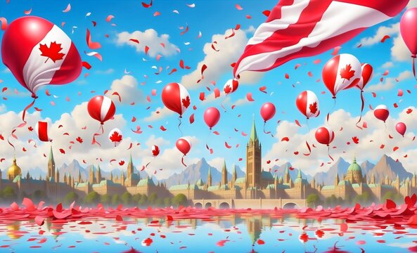 Celebrating Canada Day in the city with Canadian flag balloons, maple leaves flying and confetti, cityscape in front of lake reflection, mountains and sky background