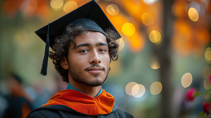 Poster - A graduate in an orange stole and black cap and gown, with an autumnal backdrop.