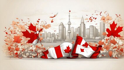 Wall Mural - Drawing style of Canadian flag with city skyline and maple leaves, flowers and leaf floating around in the background, illustration, cartoon scene, 1st July, independence day