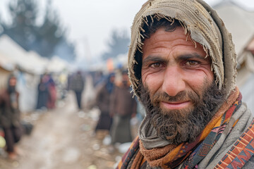 Poster - Men gathering to build shelters and infrastructure in refugee settlements, displaying resilience and community spirit. Concept of self-reliance and cooperation. Generative Ai.