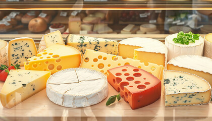 Assorted Cheese Selection: A variety of cheeses including cheddar, mozzarella, Swiss, and brie showcased on a cheese counter in a gourmet food store