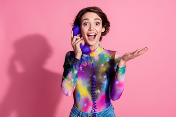 Sticker - Photo of nice young woman speak telephone wear pullover isolated on pink color background