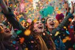 A dynamic shot of a group of friends cheering and celebrating with confetti raining down.