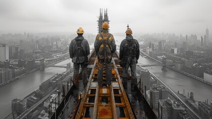 Wall Mural - A group of construction workers are standing on a building's roof