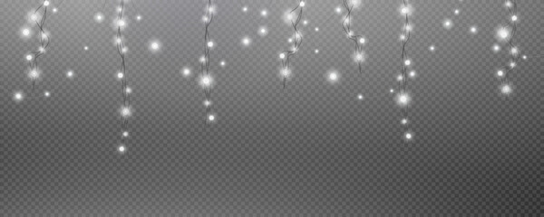 Wall Mural - Christmas garland isolated on transparent background. Glowing colorful light bulbs with sparkles.Xmas, New Year, wedding or Birthday decor. Party event decoration. Winter holiday season element.